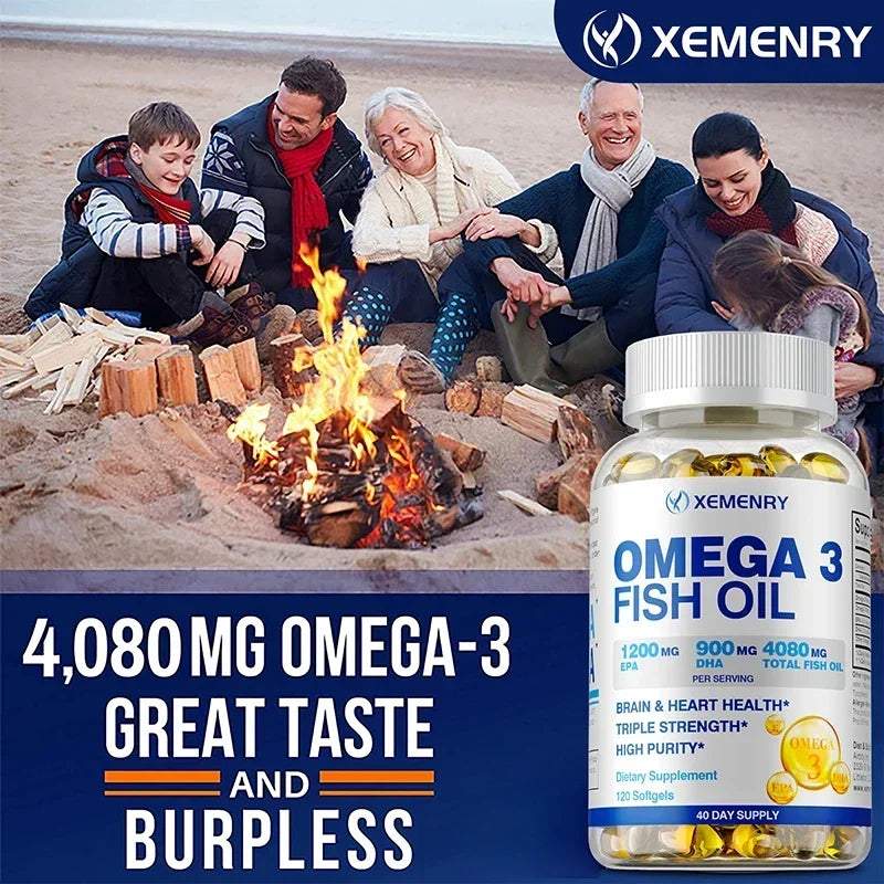 Omega-3 Fish Oil Capsules - Rich in DHA & EPA, Support Skin Eyes Heart Brain Immune System Health, Improve Memory & Intelligence