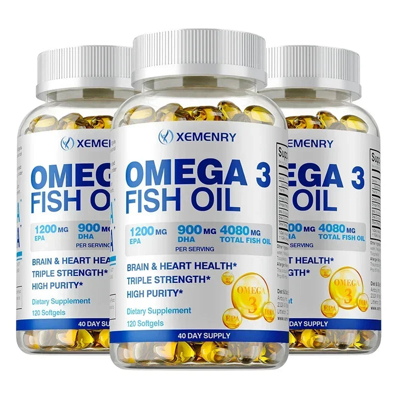 Omega-3 Fish Oil Capsules - Rich in DHA & EPA, Support Skin Eyes Heart Brain Immune System Health, Improve Memory & Intelligence