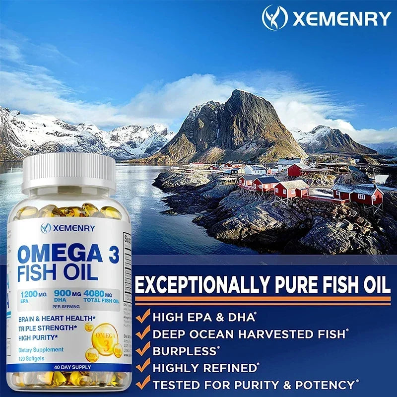 Omega-3 Fish Oil Capsules - Rich in DHA & EPA, Support Skin Eyes Heart Brain Immune System Health, Improve Memory & Intelligence