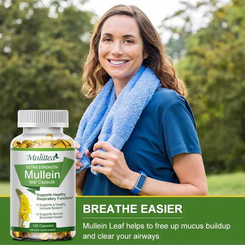 Natural Mullein Leaf Capsules Herbal Supplement for Lung Cleanse Helps Healthy Respiratory Function & Mucous Membranes