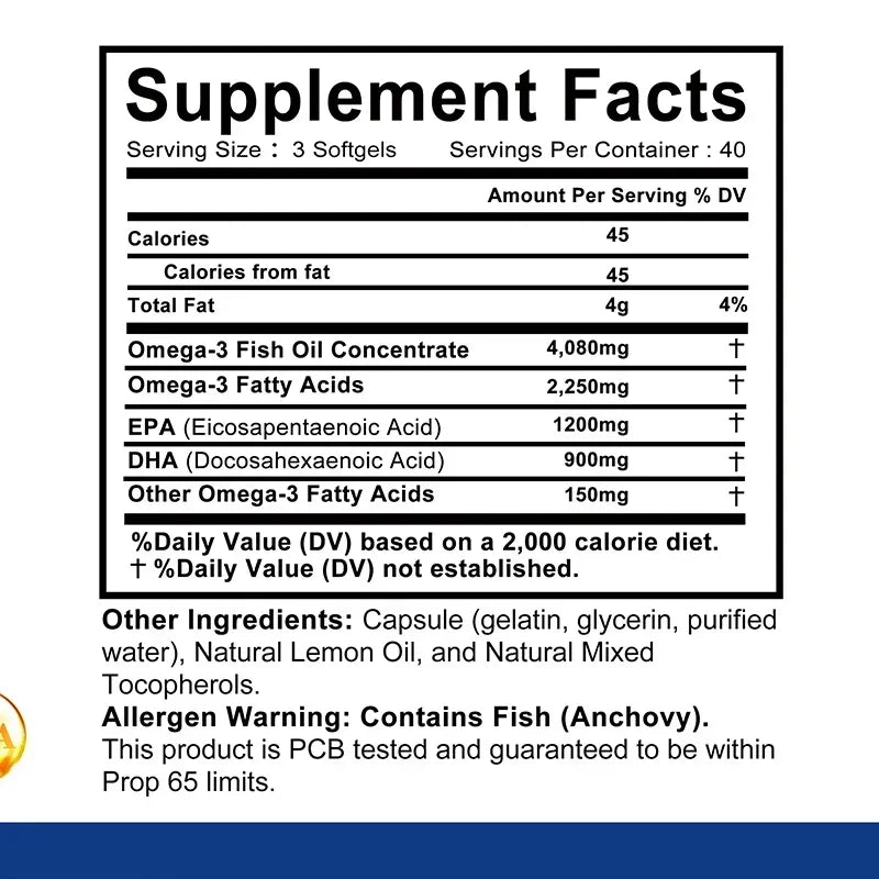Omega-3 Fish Oil Capsules - Rich in DHA & EPA, Support Skin Eyes Heart Brain Immune System Health, Improve Memory & Intelligence