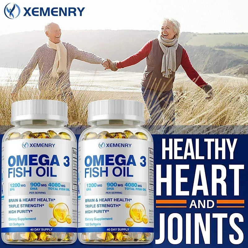 Omega-3 Fish Oil Capsules - Rich in DHA & EPA, Support Skin Eyes Heart Brain Immune System Health, Improve Memory & Intelligence