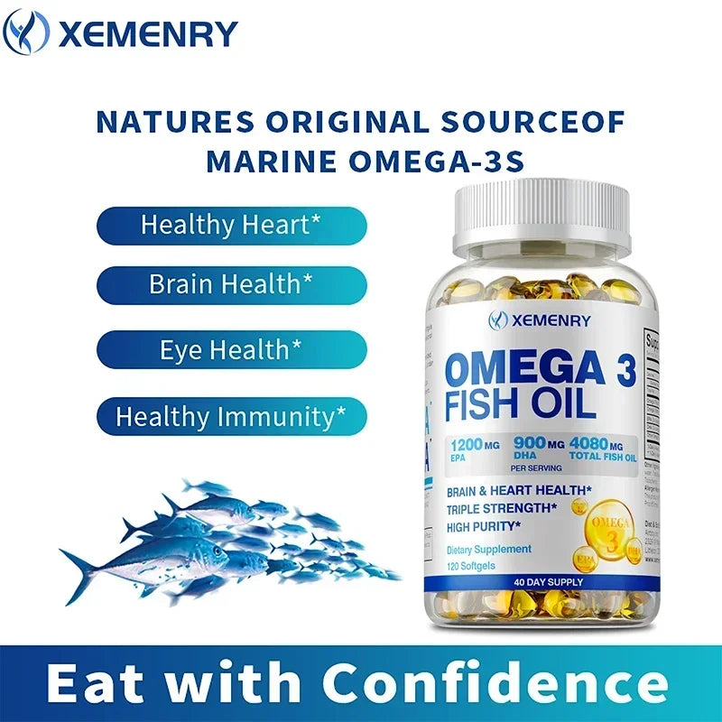 Omega-3 Fish Oil Capsules - Rich in DHA & EPA, Support Skin Eyes Heart Brain Immune System Health, Improve Memory & Intelligence