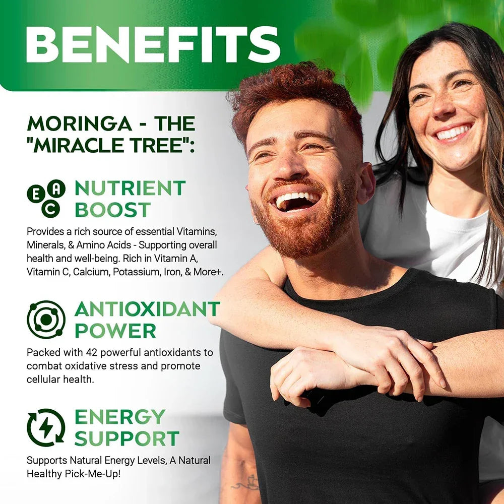Pure Moringa Powder Capsules - Natural Green Antioxidant Superfood Supplements - Energy, Gut, Skin, Metabolism & Immune Support