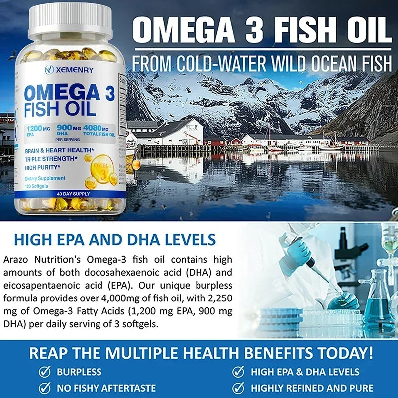 Omega-3 Fish Oil Capsules - Rich in DHA & EPA, Support Skin Eyes Heart Brain Immune System Health, Improve Memory & Intelligence