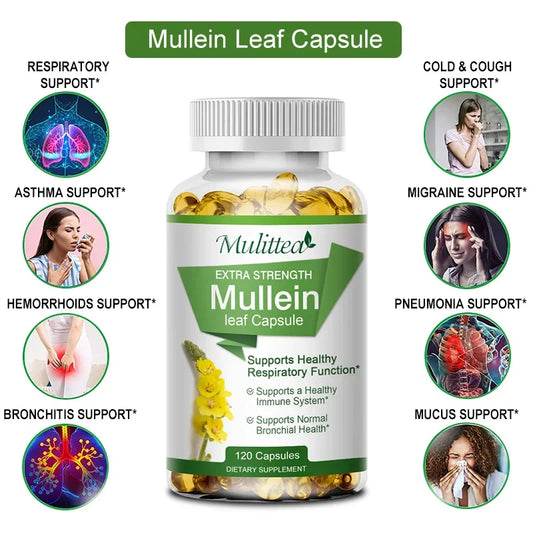 Natural Mullein Leaf Capsules Herbal Supplement for Lung Cleanse Helps Healthy Respiratory Function & Mucous Membranes