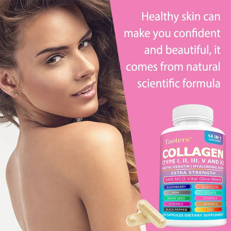 Collagen Types I, II, III, V and X - Biotin, Capillary Vitamin, Hyaluronic Acid - Supports Skin, Hair, Nails and Joints