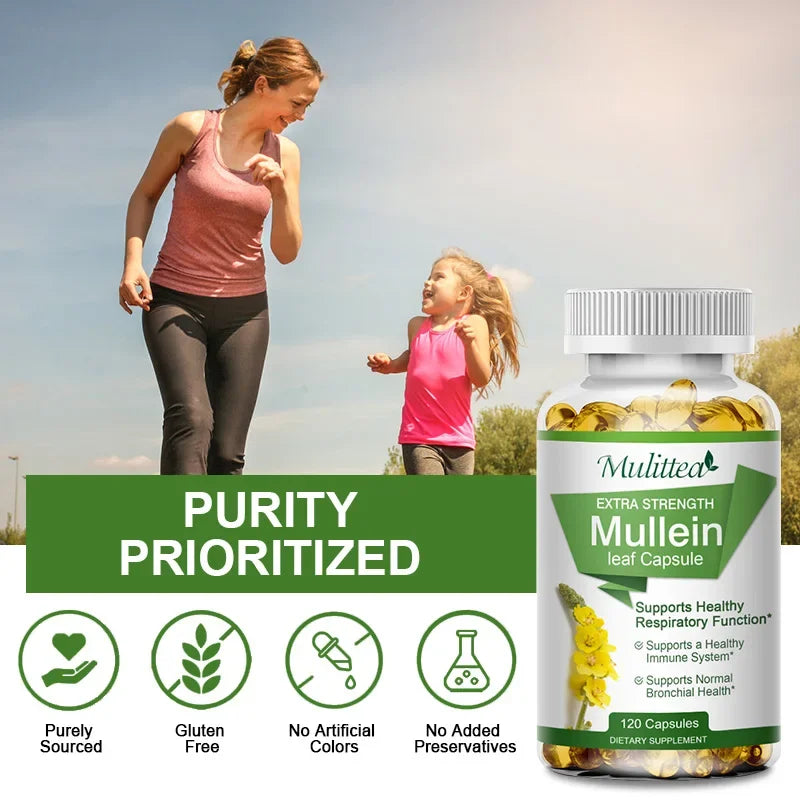 Natural Mullein Leaf Capsules Herbal Supplement for Lung Cleanse Helps Healthy Respiratory Function & Mucous Membranes