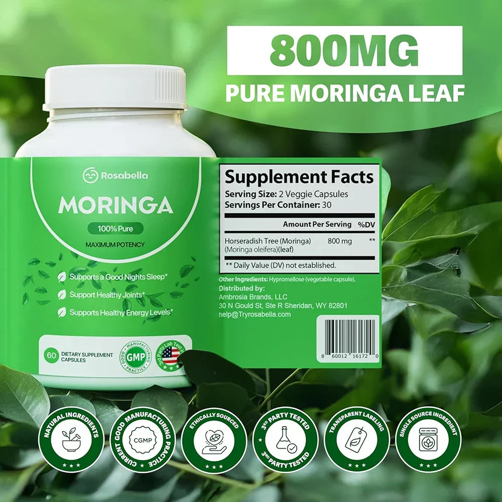Pure Moringa Powder Capsules - Natural Green Antioxidant Superfood Supplements - Energy, Gut, Skin, Metabolism & Immune Support