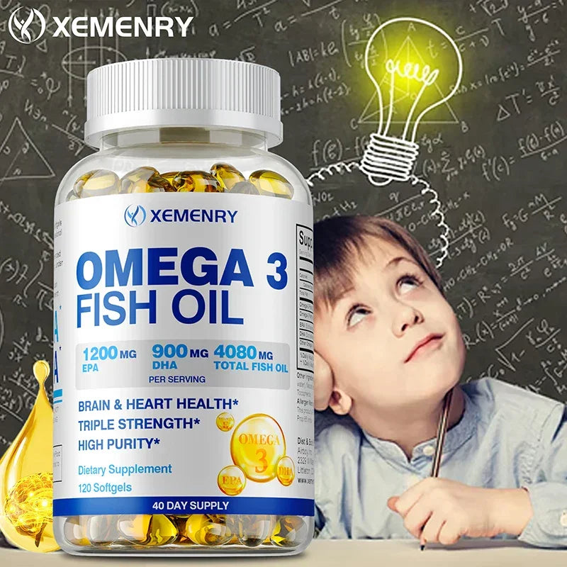 Omega-3 Fish Oil Capsules - Rich in DHA & EPA, Support Skin Eyes Heart Brain Immune System Health, Improve Memory & Intelligence