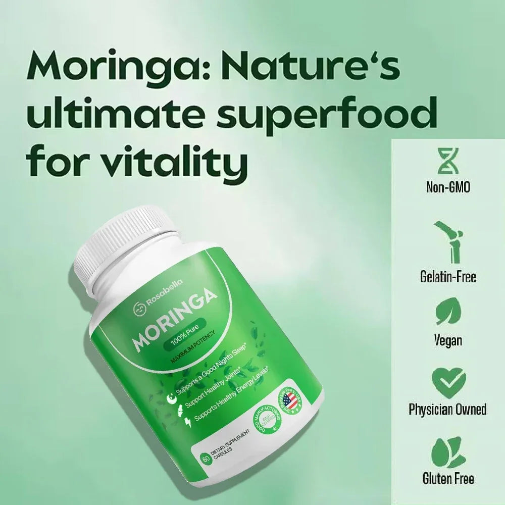 Pure Moringa Powder Capsules - Natural Green Antioxidant Superfood Supplements - Energy, Gut, Skin, Metabolism & Immune Support