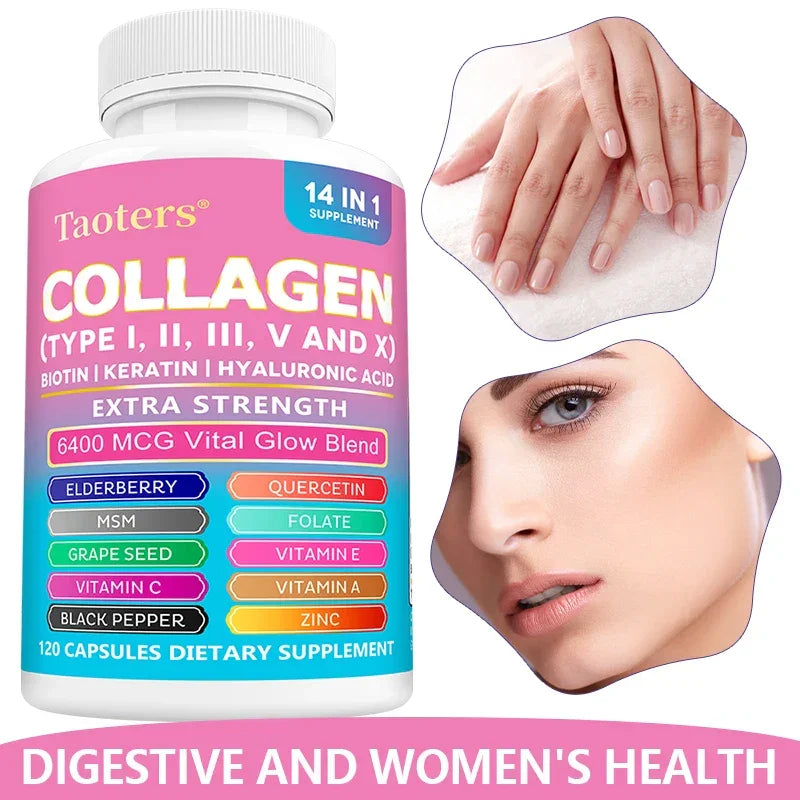 Collagen Types I, II, III, V and X - Biotin, Capillary Vitamin, Hyaluronic Acid - Supports Skin, Hair, Nails and Joints